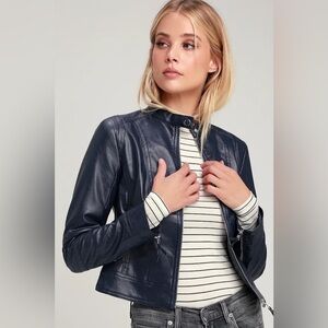 Lulus Navy Blue Vegan Leather Moto Jacket - Size S/M